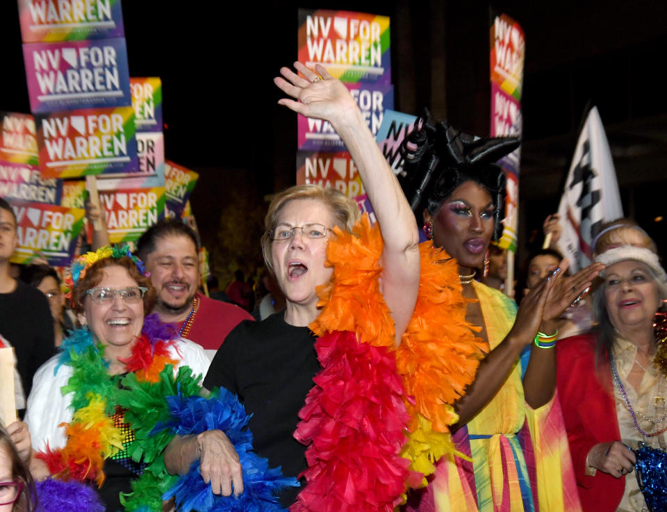 Elizabeth Warren marched in the 22nd annual PRIDE Night Parade on October 11 in Las Vegas, Nevada. (Photo: Ethan Miller/Getty Images)