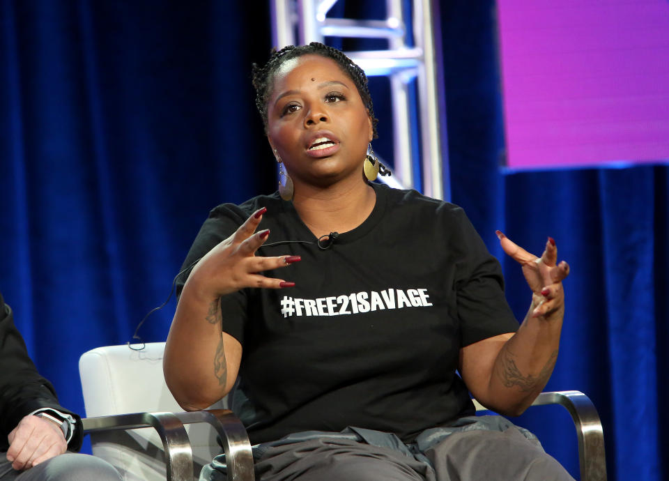 Patrisse Cullors attends the Viacom Winter TCA 2019 panel on February 11, 2019. (Photo by Jesse Grant/Getty Images for Viacom)