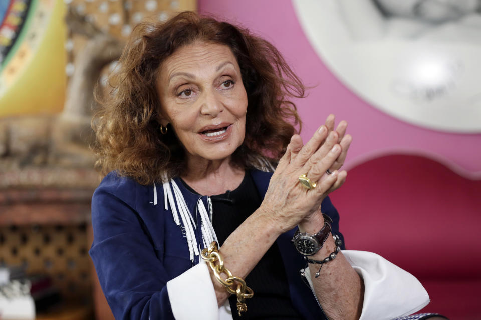 FILE - In this June 19, 2017, file photo, designer Diane von Furstenberg speaks during an interview in her office in New York's Meat Packing District. On Sept. 14, 2019, von Furstenberg joins nine other people who will be indicted into the National Women's Hall of Fame. (AP Photo/Richard Drew, File)