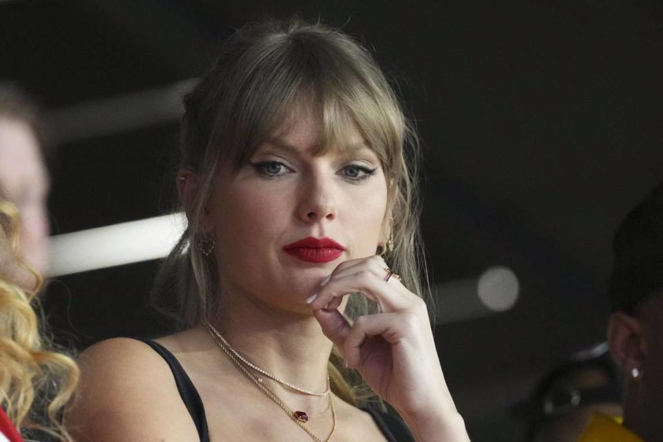 Taylor Swift had something on her mind in this file photo from the Super Bowl at Allegiant Stadium in Nevada on Feb 11, 2024. Was it the game on the field or the end game of her massive Eras Tour, which is set to close in December 2024?