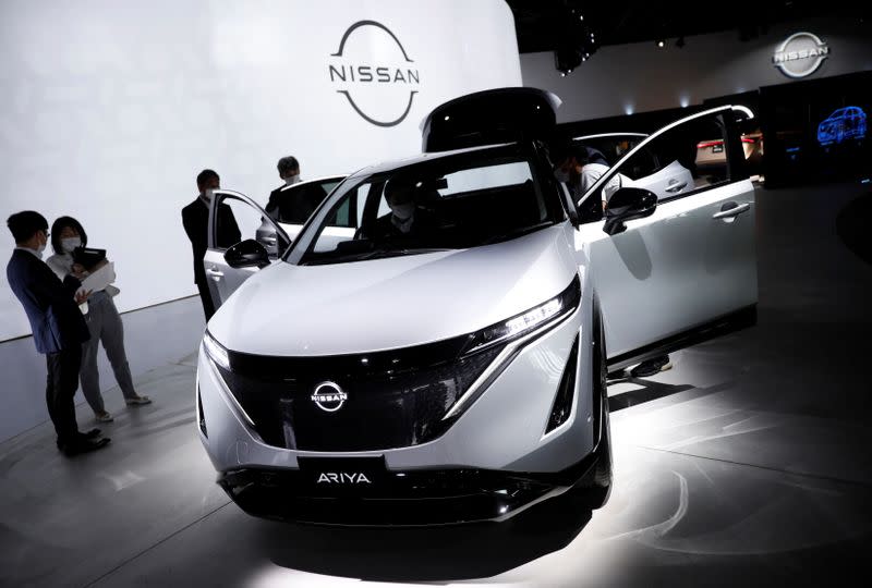 Nissan Motor Corp. displays its new Ariya all-battery SUV during a press preview in Yokohama