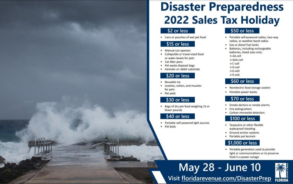 Florida Disaster Preparedness Sales Tax Holiday runs from May 28 through June 10, 2022.