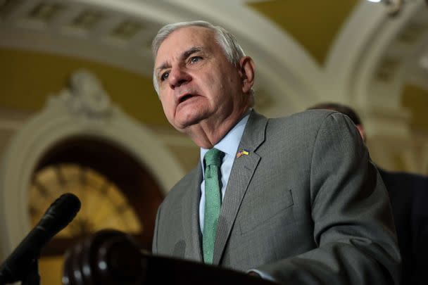 PHOTO: Sen Jack Reed speaks following a Democratic policy luncheon at the U.S. Capitol, Mar. 28, 2023, in Washington. (Kevin Dietsch/Getty Images)