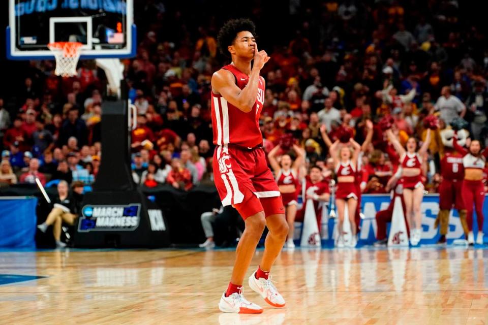 Washington State Cougars forward Jaylen Wells (0) reacts against the Iowa State Cyclones in the second round of the 2024 NCAA Tournament on March 23 at CHI Health Center Omaha in Omaha, Neb.