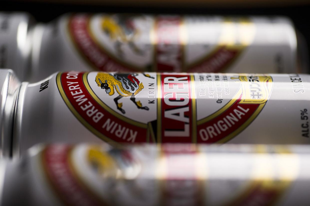Cans of Kirin Co.'s Lager Beer are arranged for a photograph in Tokyo, Japan, on Monday, Feb. 12, 2018. 