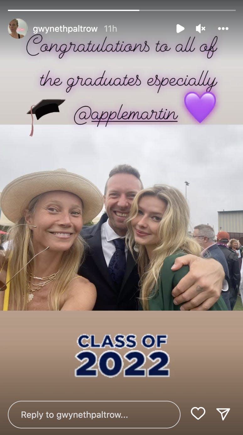 a screenshot of an instagram story post from gwyneth paltrow, including a photo of her, chris martin, and apple martin smiling, and the text "congratulations to all of the graduates especially @applemartin"
