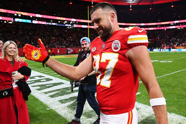 <p>Arne Dedert/picture-alliance/dpa/AP Images</p> Travis Kelce becomes the new all-time leading receiver in Chiefs franchise history at the Kansas City Chiefs' game against the Miami Dolphins on Nov. 5, 2023 in Frankfurt, Germany.