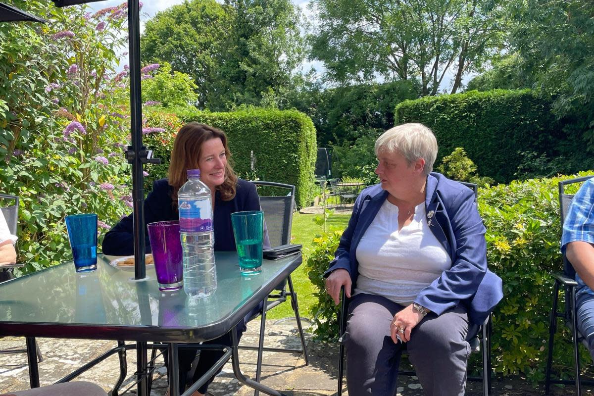 Gillian Keegan, education secretary and Conservative MP candidate for Chichester with Pauline Jorgensen, Conservative candidate for Earley and Woodley with party activists and neighbours in Shinfield. Credit: James Aldridge, LDRS