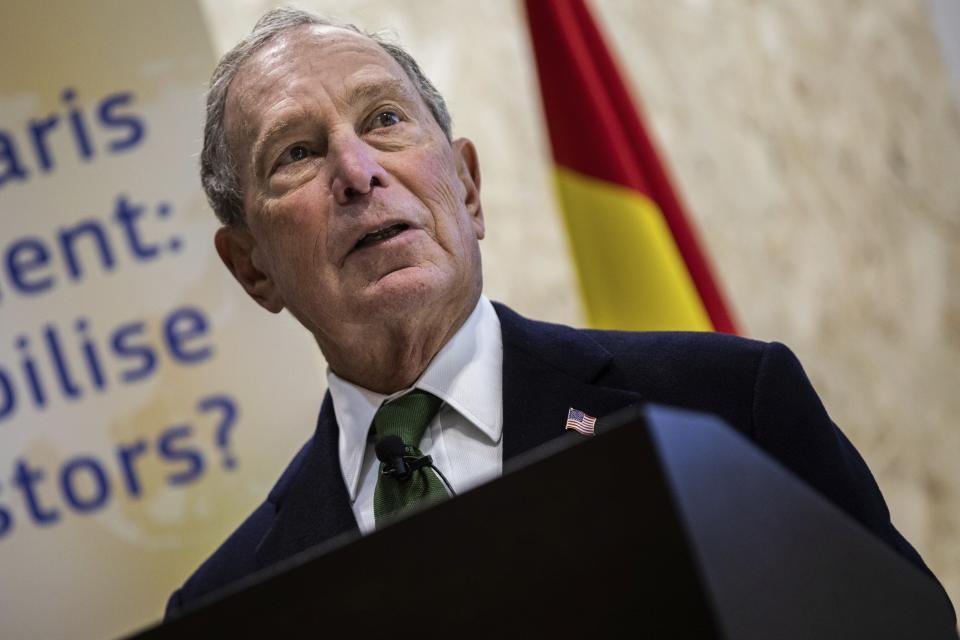 Democratic presidential contender Michael Bloomberg attends a sustainable finance panel at the COP25 summit in Madrid, Tuesday Dec. 10, 2019. (AP Photo/Bernat Armangue)