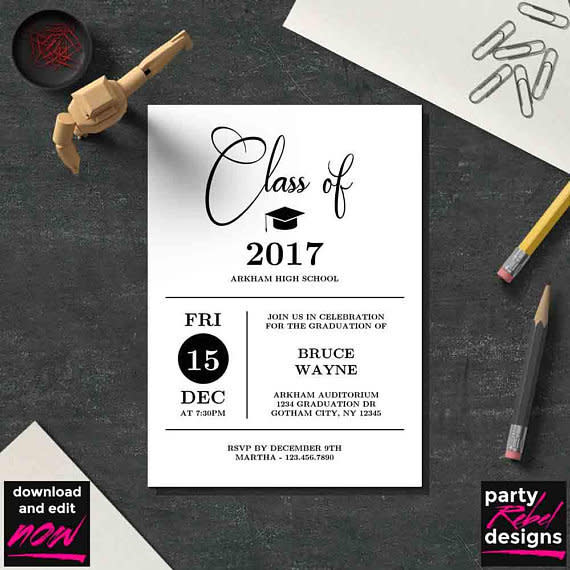 Instant download is $7.&nbsp;Then print it however you'd like. Get it on&nbsp;<a href="https://www.etsy.com/listing/599238115/printable-graduation-party-invitation?ga_order=most_relevant&amp;ga_search_type=all&amp;ga_view_type=gallery&amp;ga_search_query=cheap%20graduation%20invitations&amp;ref=sc_gallery-1-1&amp;plkey=5c2cf287fbab02f659164d3a0bf04a3e962e87d0:599238115" target="_blank">Etsy</a>.