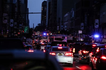 Traffic light is out due to blackout near Times Square area, in New York City