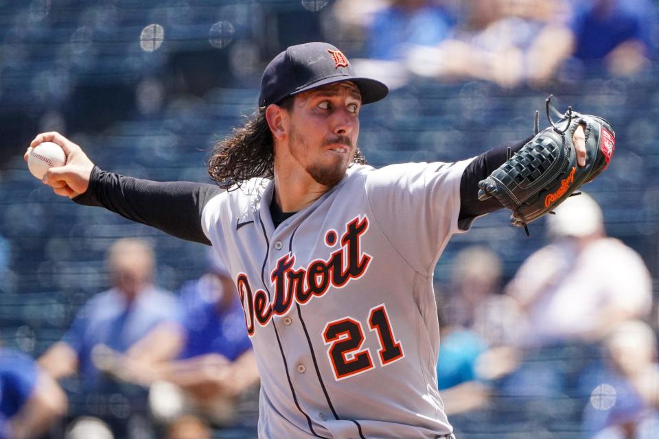 Detroit Tigers starting pitcher Michael Lorenzen (21) delivers a pitch against the Kansas City Royals in the first inning at Kauffman Stadium in Kansas City, Missouri, on Thursday, July 20, 2023.
