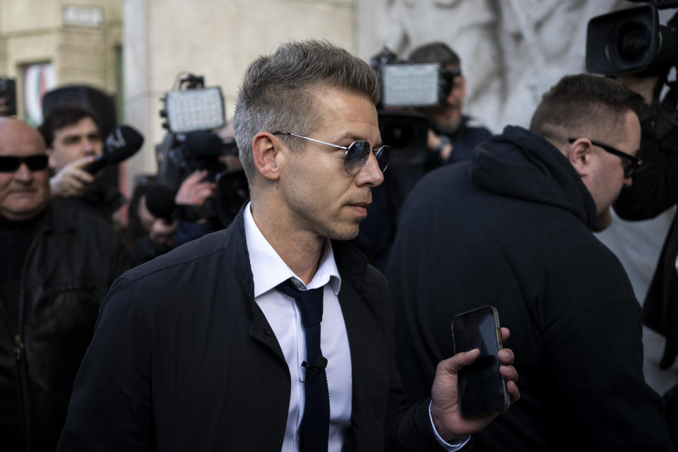 Former Hungarian government insider Peter Magyar arrives at Public Prosecutor's office in Budapest, Hungary on Tuesday March 26, 2024. Magyar published an audio recording on Tuesday that he says is proof of official misconduct within high levels of the government of populist Minister Viktor Orbán. (AP Photo/Denes Erdos)