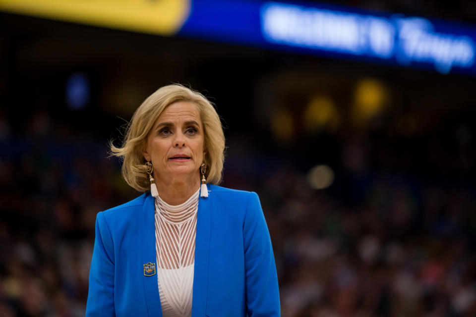 TAMPA, FL - APRIL 07: Baylor head coach Kim Mulkey looks on in the NCAA Division I Women's National Championship Game between the Baylor Bears and the Notre Dame Fighting Irish on April 07, 2019, at Amalie Arena in Tampa, Florida. (Photo by Mary Holt/Icon Sportswire via Getty Images)