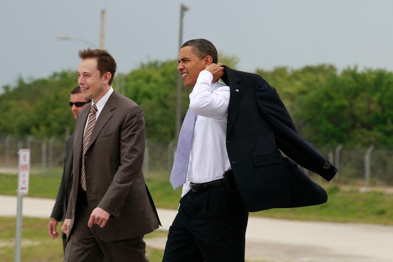 President Barack Obama walks to look at the Falcon 9 launch vehicle with SpaceX CEO Elon Musk at Kennedy Space Center Thursday, April 15, 2010. - Photo: Alex Brandon (AP)