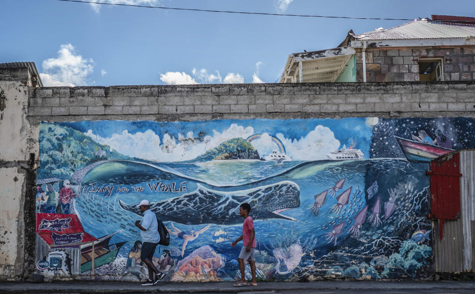 People walk past a mural of a whale created by artist Marcus Cuffi in Roseau, Dominica, Sunday, Nov. 12, 2023. The tiny island of Dominica announced on Nov. 13, 2023 that it is creating the world’s first marine protected area for one of earth’s largest animals: the endangered sperm whale. (AP Photo/Clyde K Jno-Baptiste)