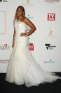 <p>Jessica Mauboy showed off her eclectic style in this white ruched Toni Maticevski gown as she walked the red carpet.</p>