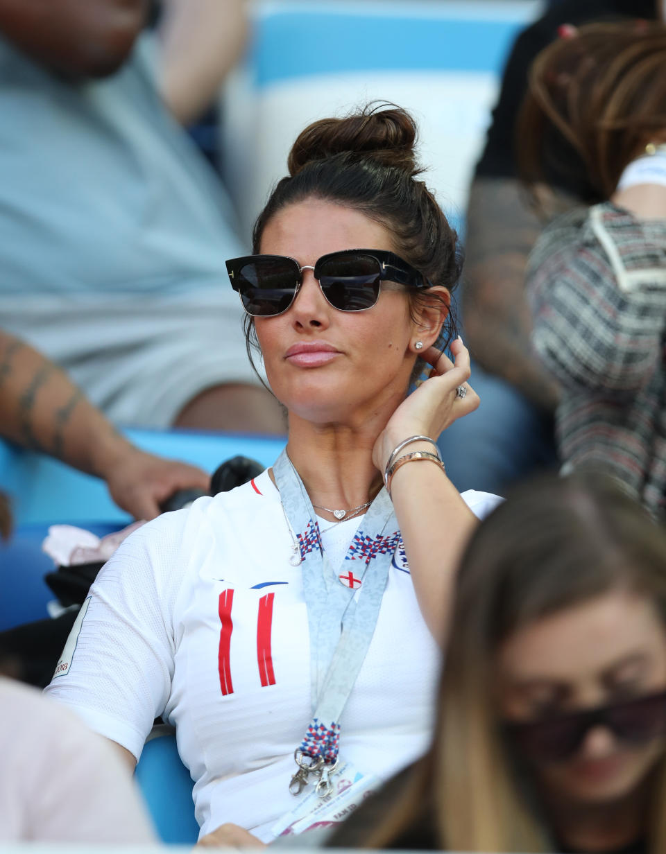 Jamie Vardy's wife Rebekah Vardy looks on during the 2018 FIFA World Cup Russia group G match between England and Belgium at Kaliningrad Stadium on June 28, 2018 in Kaliningrad, Russia. (Photo by Ian MacNicol/Getty Images)