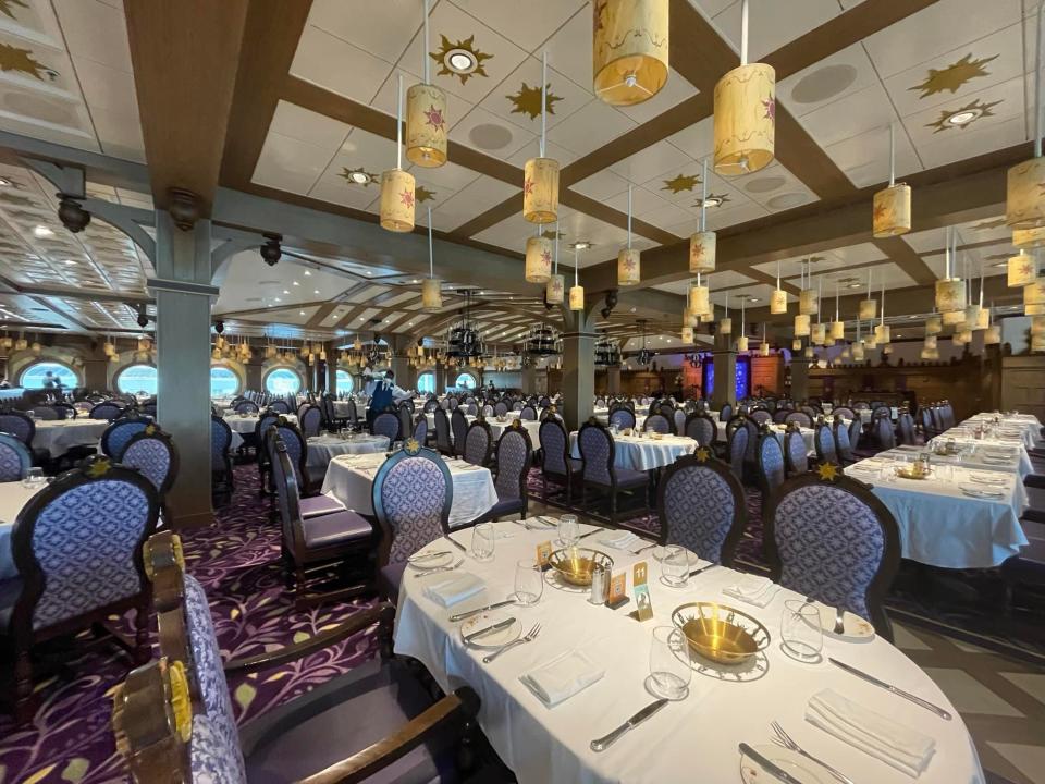 empty rapunzel themed dining room on a disney cruise