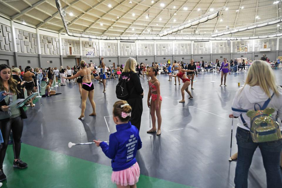 Competitors gather in the main space of the annual America's Youth on Parade baton twirling competition at the University of Notre Dame in South Bend on July 25, 2023.