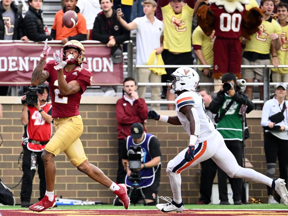 Sep 30, 2023; Chestnut Hill, Massachusetts, USA; Boston College Eagles wide receiver Joseph Griffin Jr. (2) makes a catch for a touchdown against the Virginia Cavaliers during the second half at Alumni Stadium. Mandatory Credit: Brian Fluharty-USA TODAY Sports