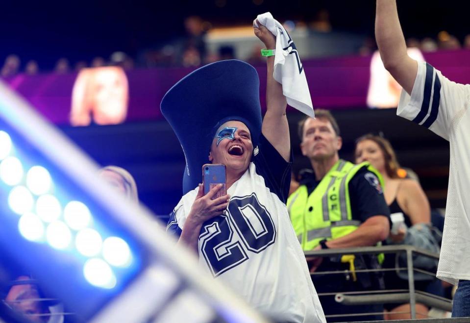 Fans cheer as the Dallas Cowboys take the field for a preseason matchup against the Jacksonville Jaguars on Saturday, August 12, 2023, at AT&T Stadium in Arlington. Amanda McCoy/amccoy@star-telegram.com