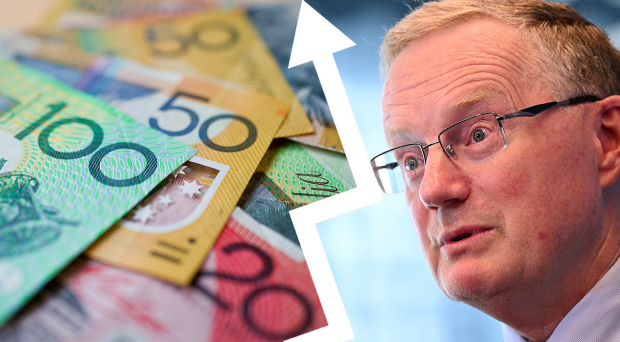 A composite image of Australian money piled on top a flat surface and RBA governor Philip Lowe with an arrow pointing upwards in the middle.