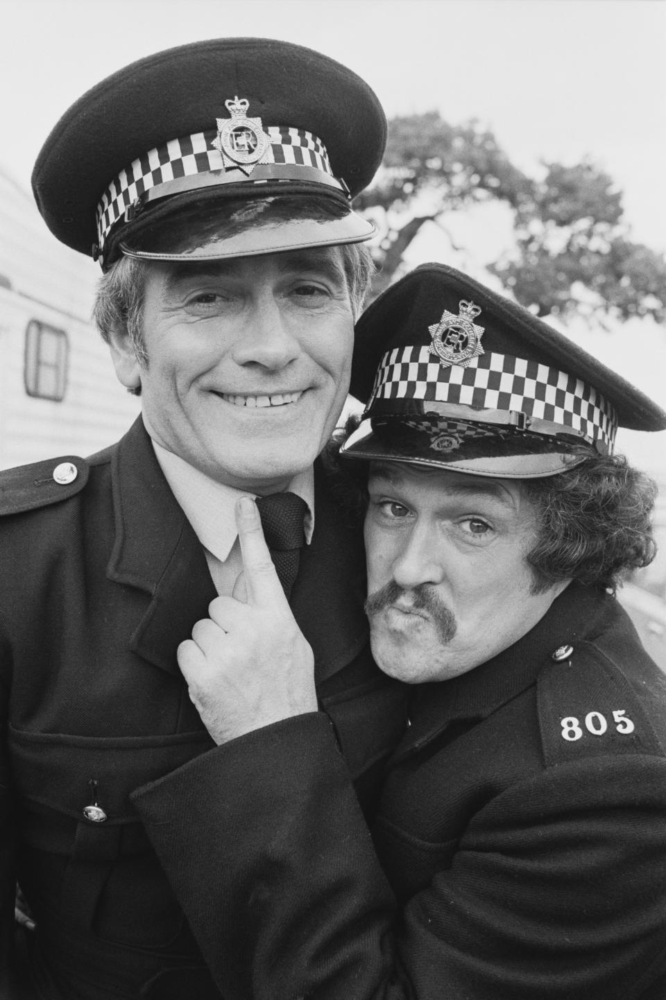 'Cannon and Ball', English comedian, actor, and singer Bobby Ball and English comedian and singer Tommy Cannon, co-stars in movie 'The Boys in Blue', UK, 13th November 1982. (Photo by Hilaria McCarthy/Daily Express/Hulton Archive/Getty Images)