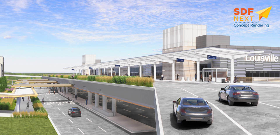 A rendering shows an exterior view of Louisville Muhammad Ali International Airport after beautification efforts on both the upper and lower roadways. These improvements are slated to cap the SDF Next effort and be complete by mid-2026 to early 2027.