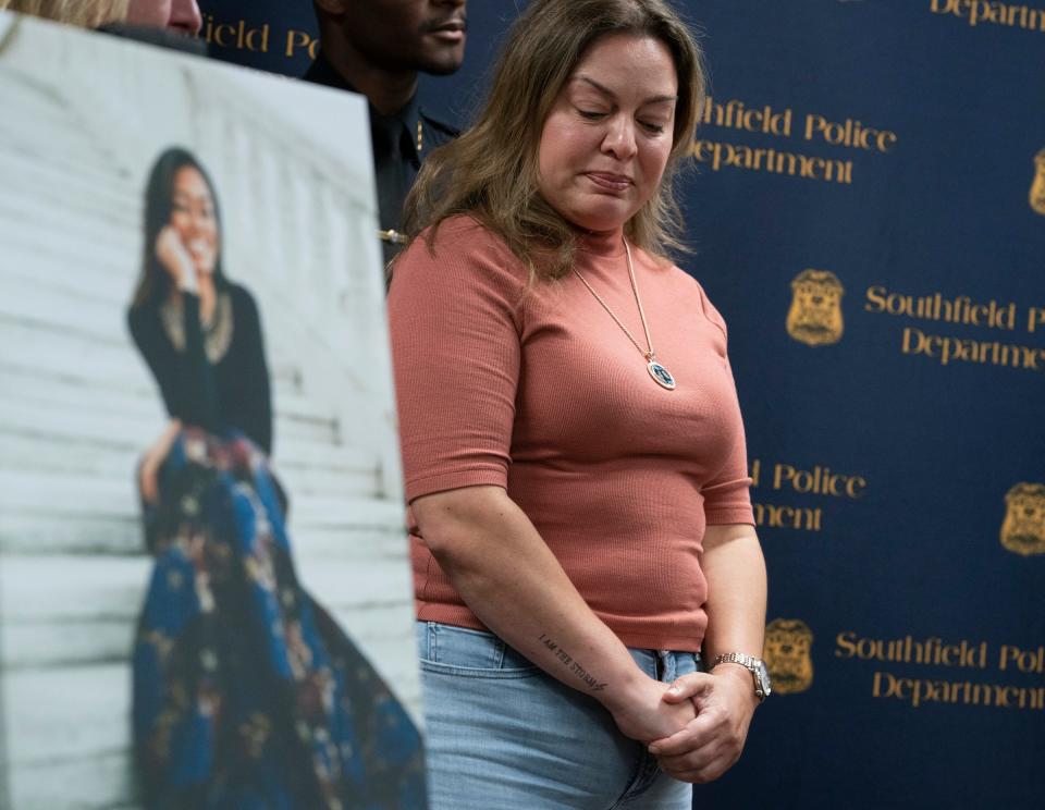 Bianca VanMeter, mother of Mia Kanu, who was killed in Southfield, chokes back tears as Police Chief Elvin Barren holds a news conference Thursday, Sept. 21, 2023 at Southfield Police Headquarters to clarify details around the death of 23-year-old Mia Kanu.