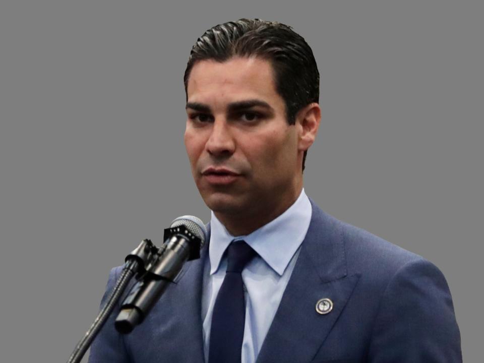 Francis Suarez headshot, as Miami Mayor, graphic element on gray