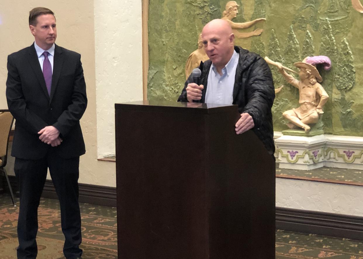 Jim Scherr, who has developed two hotels in Downtown El Paso, urges City Council to build a full-fledged arena at a El Paso Downtown Management District press conference March 11. Joe Gudentrath, the DMD's executive director, looks on.