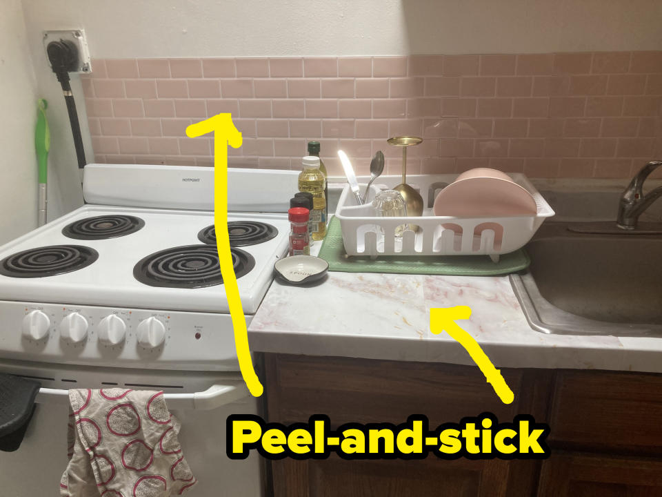 Peel-and-stick tiles over a stove.