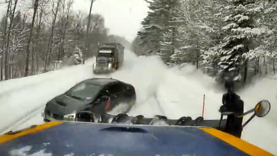 Subaru WRX Driver Hits Plow, Rips Car in Half After Bonehead Pass photo