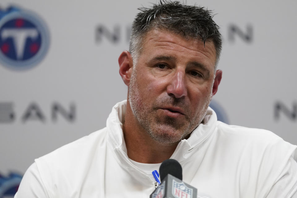 Tennessee Titans head coach Mike Vrabel responds to questions during a news conference after an NFL football game against the Los Angeles Chargers, Sunday, Sept. 17, 2023, in Nashville, Tenn. (AP Photo/George Walker IV)