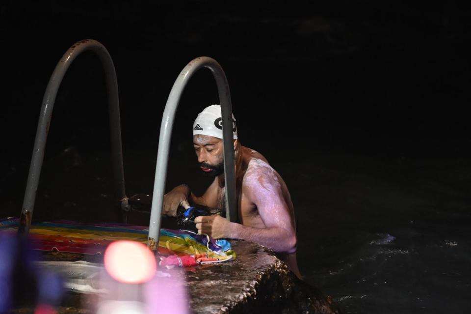 Agius emerges from the water on Monday. (Jonathan Borg via Times of Malta)