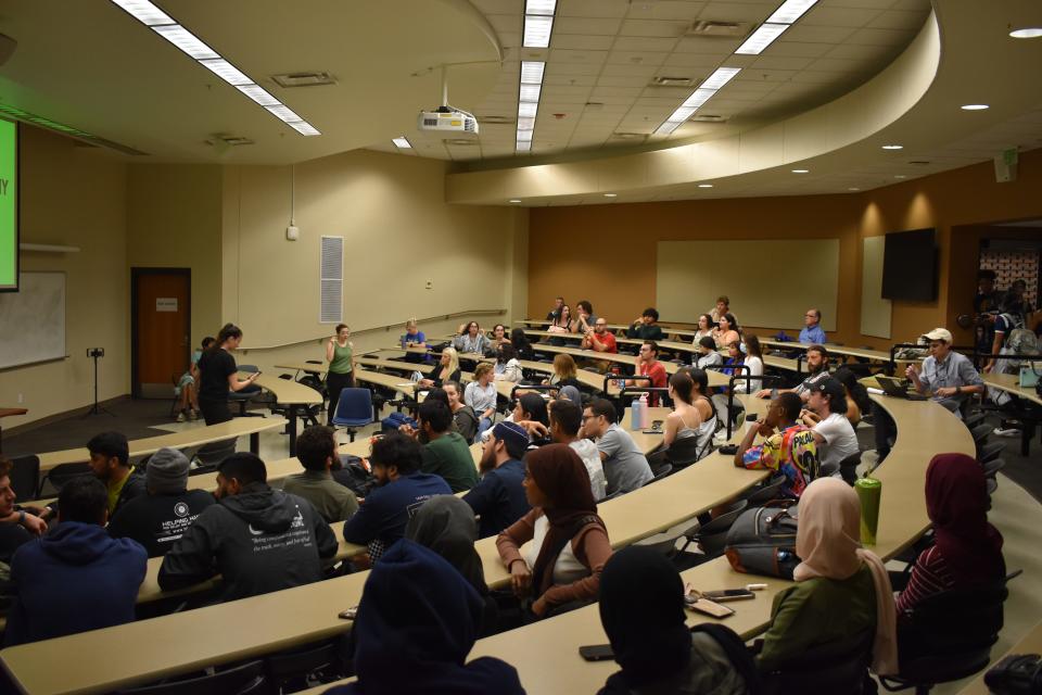 Students gather in a lecture room at Turlington Hall on the University of Florida campus Thursday, October 12, 2023 for a "Palestinian Day of Resistance Teach-In" presentation discussing current events and history in Palestine. The event was facilitated by Students for Justice in Palestine, Islam on Campus and the Arab Student Association.