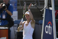 Liudmila Samsonova, of Russia, celebrates after defeating Xiyu Wang, of China, during a match at the Citi Open tennis tournament Saturday, Aug. 6, 2022, in Washington. Samsonova won 6-1, 6-1. (AP Photo/Nick Wass)