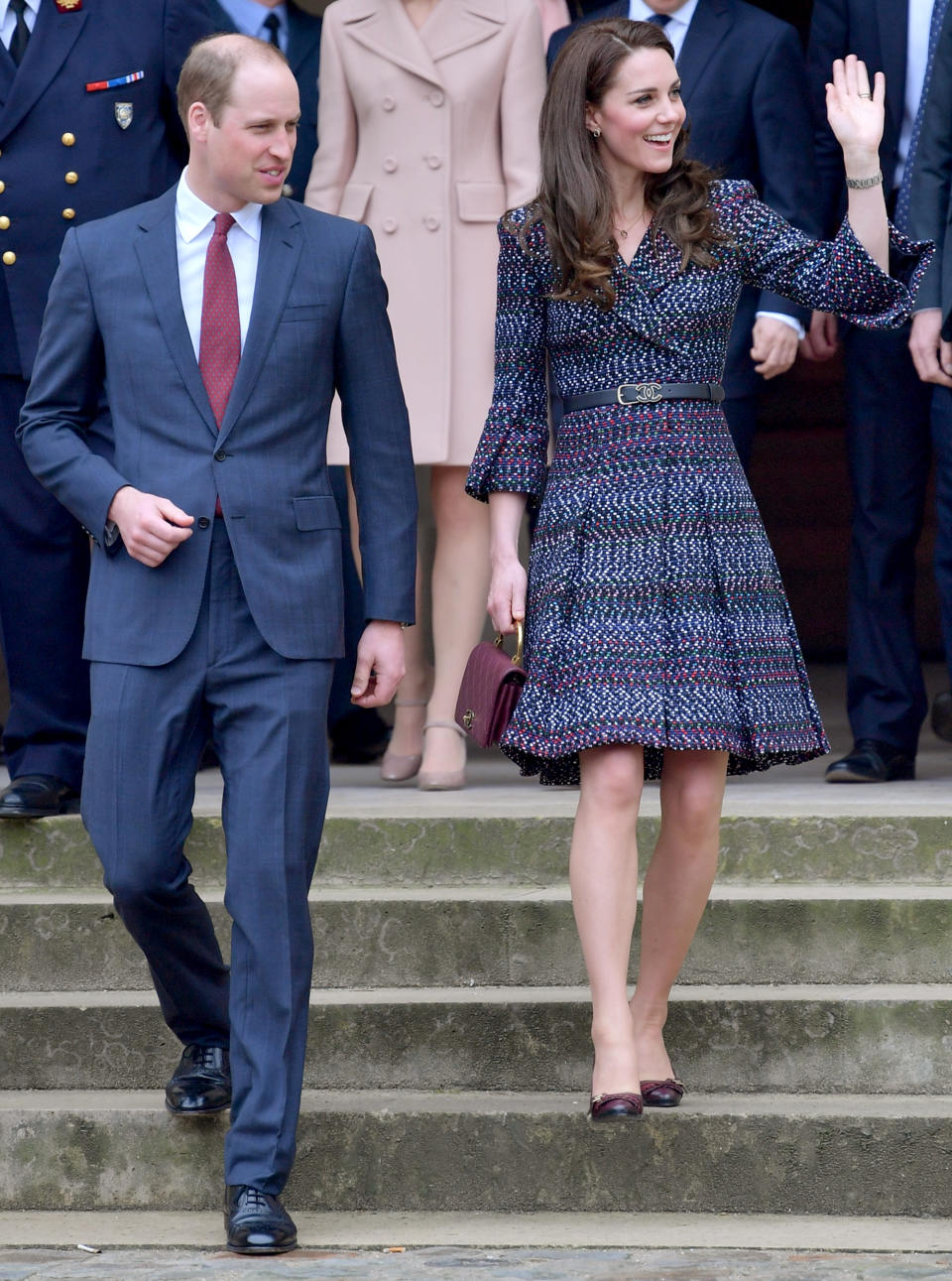 <p><strong>When:</strong> March 18, 2017 <strong>Where:</strong> Visiting the Hotel des Invalides in Paris <strong>Wearing:</strong> Chanel multicolor tweed dress and Tod's fringed leather pumps <strong>Get the Look:</strong> Diane von Fursteberg Carrie Dress, $199; <span>matchesfashion.com</span> Nine West Umbria Pump with Block Heels, $54.99; <span>amazon.com</span></p>