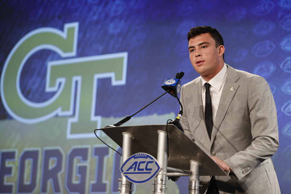 Georgia Tech tight end Dylan Leonard answers a question at the NCAA college football Atlantic Coast Conference Media Days in Charlotte, N.C., Thursday, July 21, 2022. (AP Photo/Nell Redmond)