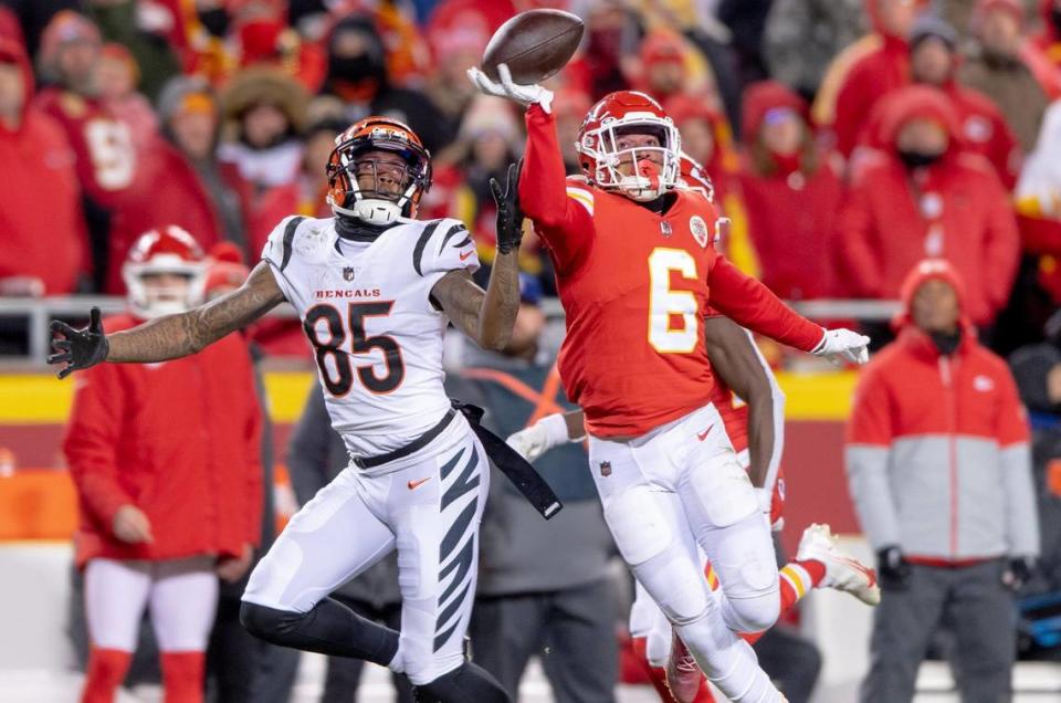 Kansas City Chiefs safety Bryan Cook (6) deflects a pass intended for Cincinnati Bengals wide receiver Tee Higgins (85) during the AFC Championship NFL football game at GEHA Field at Arrowhead Stadium on Sunday, Jan. 29, 2023, in Kansas City.