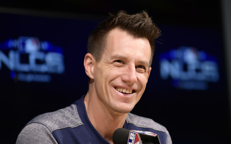 Milwaukee Brewers manager Craig Counsell speaks to reporters Sunday, Oct. 14, 2018, for Game 3 of the NLCS against the Los Angeles Dodgers in Los Angeles. (AP Photo/Mark J. Terrill)