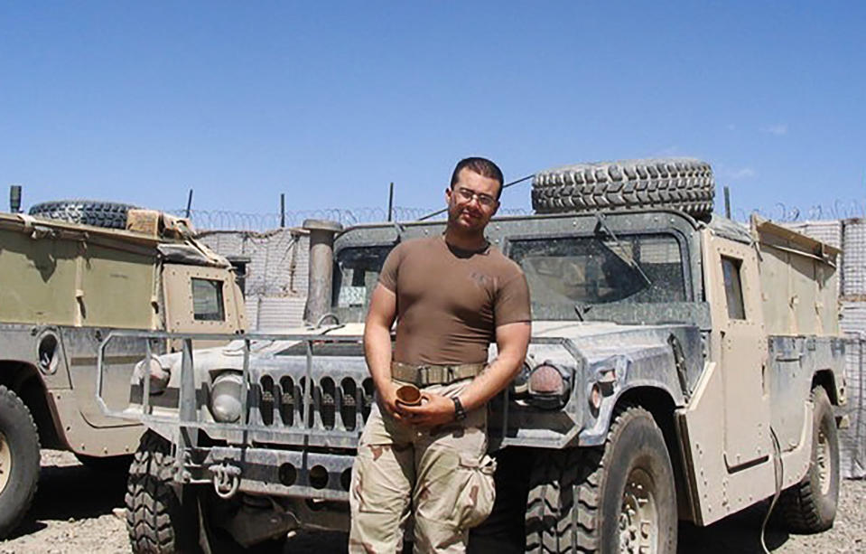 This 2005 photo provided by Michael Carrasquillo shows himself when he was an Army soldier deployed to Afghanistan. He said he was shot in an ambush in Afghanistan in 2005. Carrasquillo says peace in any form would be good. The U.S. signed a peace agreement with Taliban militants on Saturday, Feb. 29, 2020 aimed at bringing an end to 18 years of bloodshed in Afghanistan and allowing U.S. troops to return home from America's longest war. (Matt Thebarge/Michael Carrasquillo via AP)