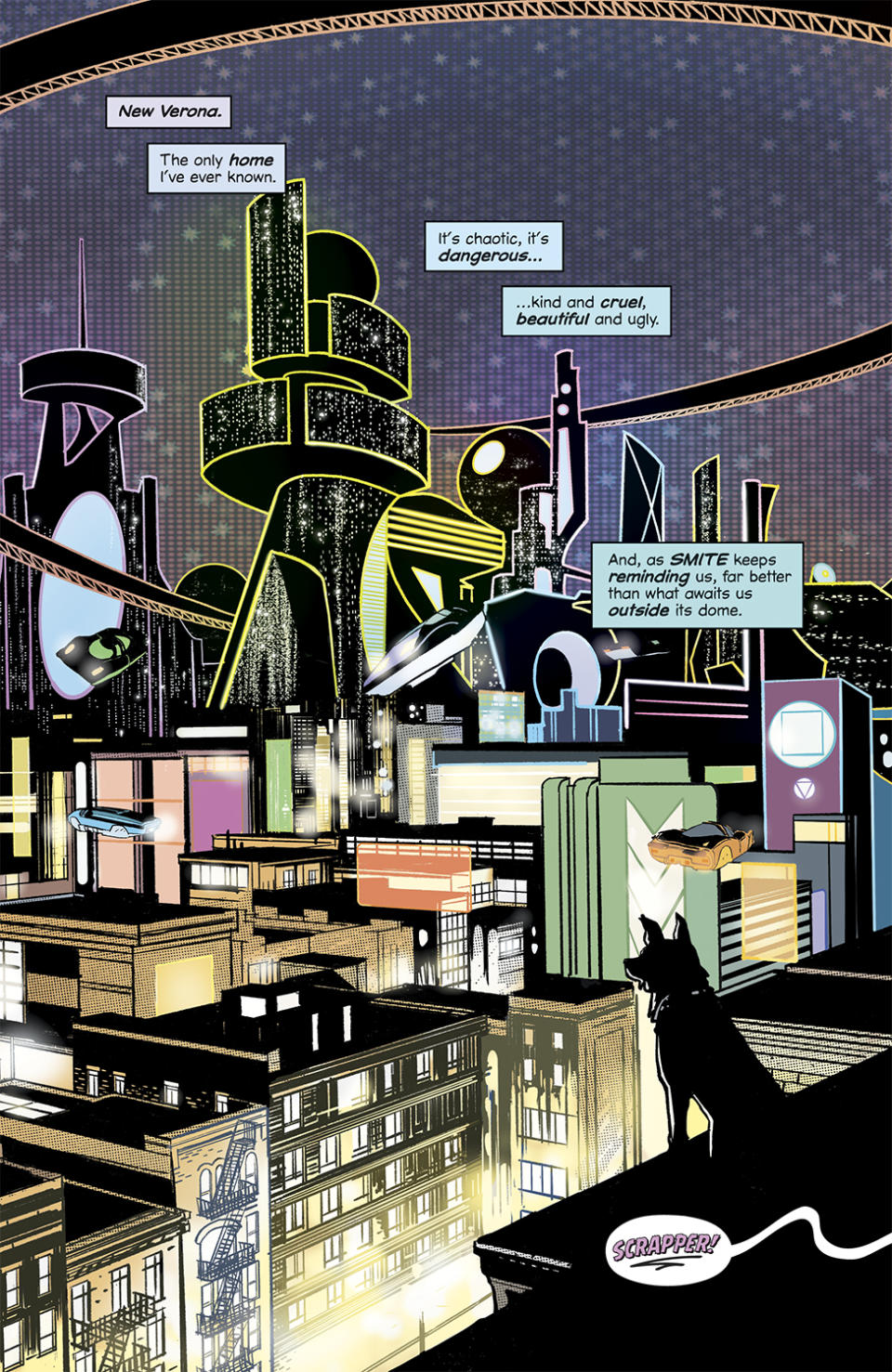 Scrapper interior pages: a dog looks at a sci-fi city.