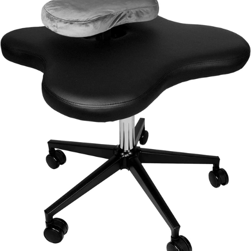 black mediation chair on rolling wheels against white background