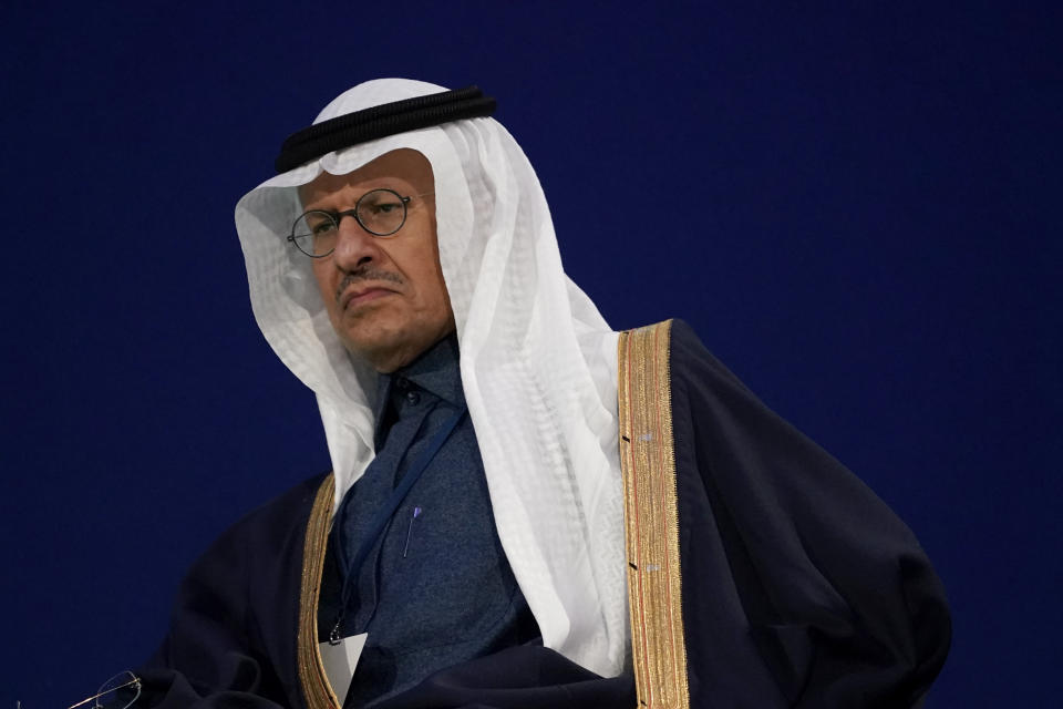 Saudi Arabia's Minster of Energy Prince Abdulaziz bin Salman Al Saud waits his turn to speak at the COP26 U.N. Climate Summit, in Glasgow, Scotland, Wednesday, Nov. 10, 2021. The U.N. climate summit in Glasgow has entered its second week as leaders from around the world, are gathering in Scotland's biggest city, to lay out their vision for addressing the common challenge of global warming. (AP Photo/Alberto Pezzali)