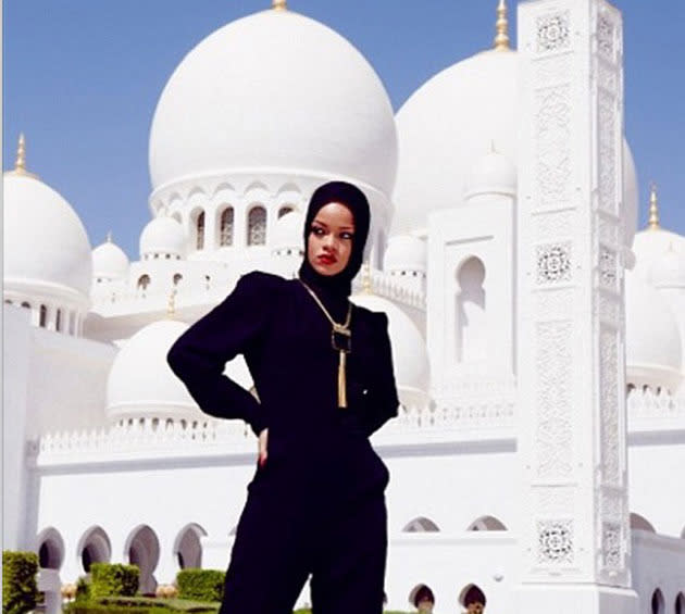 Rihanna outside the Sheikh Zayed Grand Mosque.