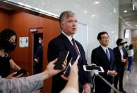 U.S. Deputy Secretary of State Stephen Biegun speaks to the media beside his South Korean counterpart Lee Do-hoon after their meeting at the Foreign Ministry in Seoul