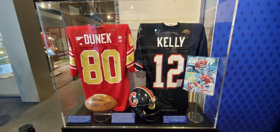 Ken Dunek's and Jim Kelly's jersey and helmet were held on display as it represents the USFL from the mid-80s.