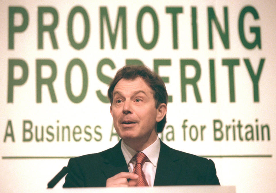 Labour leader Tony Blair speaks in London at the launch of Promoting Prosperity, a report on the way ahead for business, January 21, 1997. Blair is due to keep up the pressure on the government, building on tough pledges to hold down tax and spending with the claim that Britain's new business generation is backing him. REUTERS/Russell Boyce